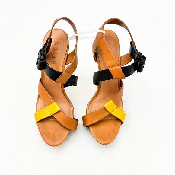 L.A.M.B. Evelyn Platform Leather Colorblock Heels Strappy Shoe Strapback Size 8M - Picture 1 of 8